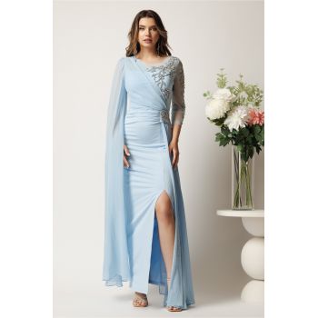 Rochie lunga bleu din neopren cu strasuri si tull