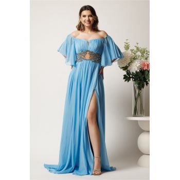 Rochie lunga bleu din voal in clos cu strasuri si tull in talie