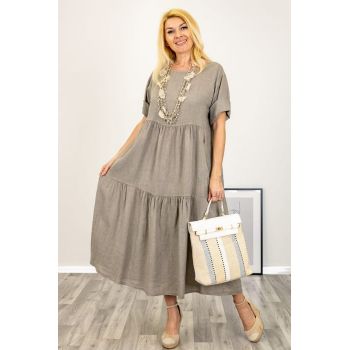 Rochie lunga oversize din in, cu volane, bej inchis