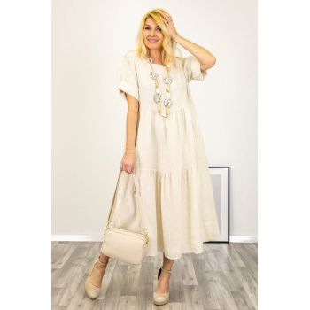 Rochie lunga oversize din in, cu volane, bej