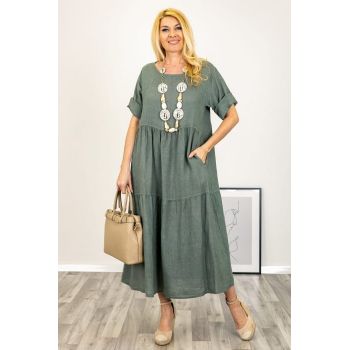 Rochie lunga oversize din in, cu volane, kaki