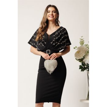 Rochie midi neagra din neopren conica cu strasuri pe bust si curea in talie