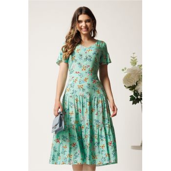 Rochie midi verde mint din viscoza cu imprimeuri florale