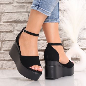Sandale dama cu platforma Negre din Piele Ecologica Intoarsa Octaia