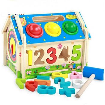 Casuta educativa din lemn, multifunctionala, cu cifre si roti zimtate, pentru copii 3 ani+