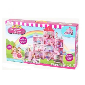 Casuta roz pentru papusi, cu 3 etaje si mobilier, 80x72 cm – set de joaca DIY Dream House
