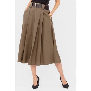 Fusta din poplin satinat de bumbac cu curea inclusa, camel
