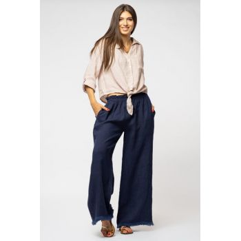 Pantaloni de vara din in cu franjuri mici, bleumarin