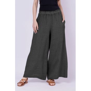 Pantaloni de vara din in largi, gri inchis