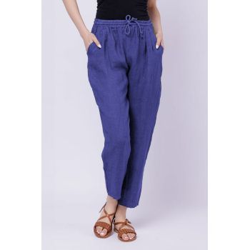 Pantaloni pana din in, cu siret in talie, albastru