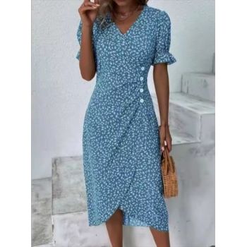 Rochie dama, model floral, albastru cu alb, Sorana