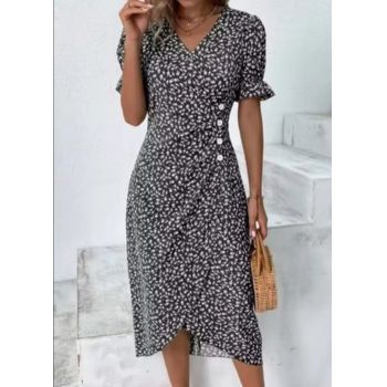 Rochie dama, model floral, negru cu alb, Sorana