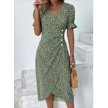 Rochie dama, model floral, verde cu alb, Sorana