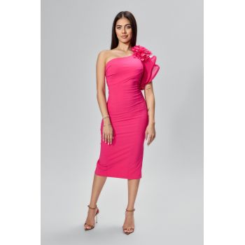 Rochie de ocazie cu model one shoulder si floare 3D Aritina Ciclam
