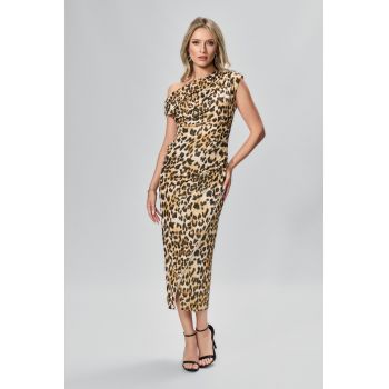 Rochie de ocazie cu strass-uri si model one shoulder Fereya Animal Print