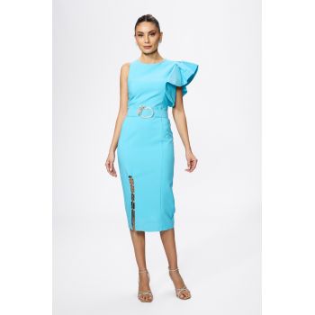 Rochie de ocazie cu volan si crepeu prevazut cu lant Liona Bleu