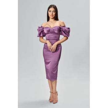 Rochie de ocazie din satin maneci bufante Rafaelle Mov