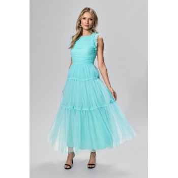 Rochie de ocazie din tull cu volanase Yulissa Turcoaz
