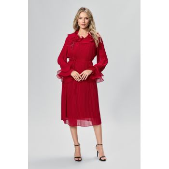 Rochie de ocazie din voal plisat cu brosa tip floare Bellatrix Bordo