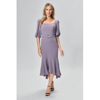 Rochie de ocazie premium asimetrica cu maneci bufante Natalyn Mov