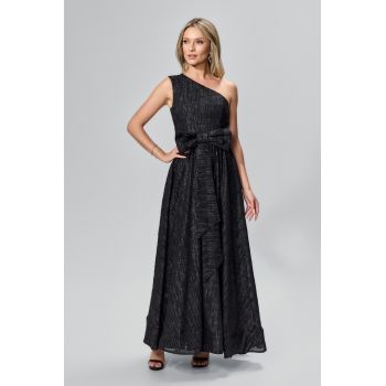 Rochie de ocazie premium cu model one shoulder si insertii din fir argintiu Verena Neagra