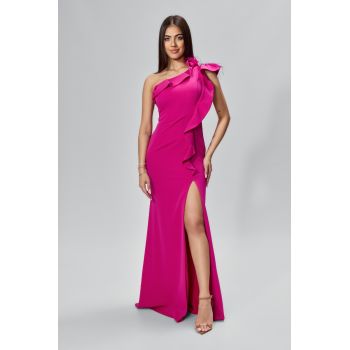 Rochie de ocazie premium cu model one shoulder si volane Solis Fucsia