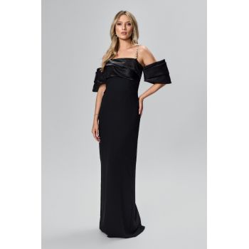 Rochie de ocazie premium cu volan din organza si bretele cu perlute Viale Neagra
