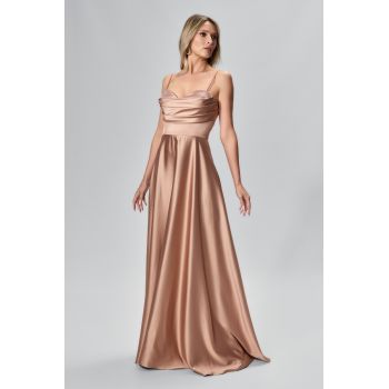 Rochie de ocazie premium din satin cu bretele Malika Bej