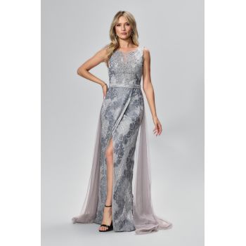 Rochie de ocazie premium din tull brodat cu perlute Nevera Gri