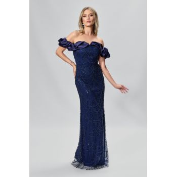 Rochie de ocazie premium din tull cu paiete Romance Bleumarin