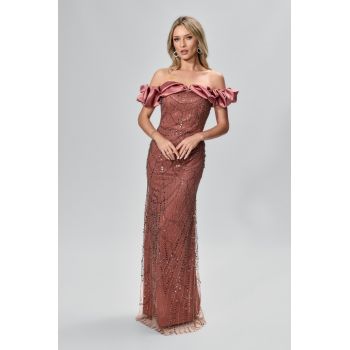 Rochie de ocazie premium din tull cu paiete Romance Somon