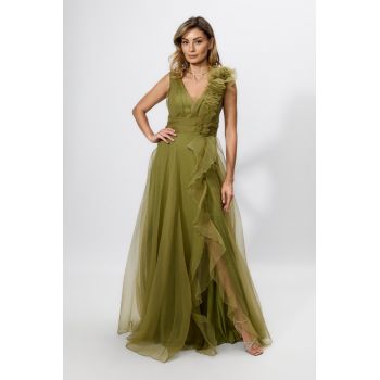 Rochie de ocazie premium din voal cu floare 3D pe umar Guinevere Kaki