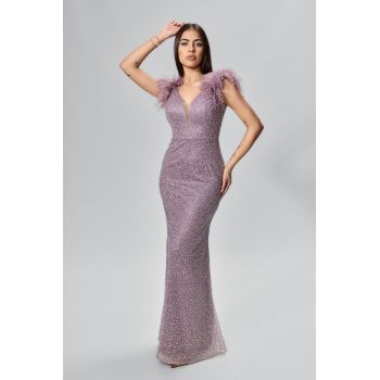 Rochie de ocazie premium tip sirena cu strass-uri si pene Gloriana Lila