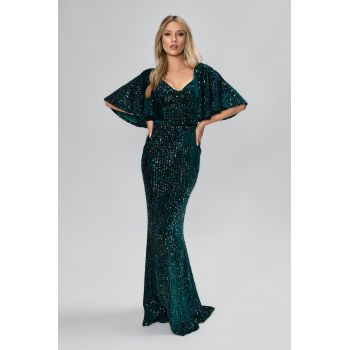 Rochie de ocazie premium tip sirena din catifea cu paiete Faithfull Verde