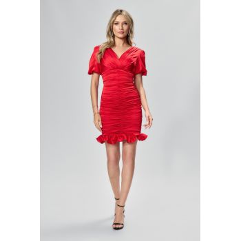 Rochie eleganta din satin incretit cu maneci scurte Maddie Rosie