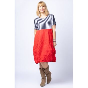 Rochie lalea cu imprimeu marinar alb bleumarin si tafta rosie