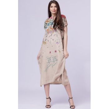 Rochie lunga din in cu imprimeu pictural floral si funda pe spate, pe fond bej ieftina