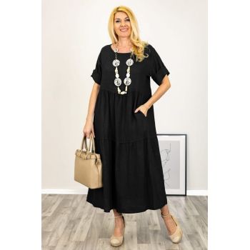 Rochie lunga oversize din in, cu volane, neagra