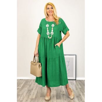 Rochie lunga oversize din in, cu volane, verde
