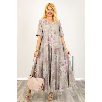 Rochie maxi din in foarte ampla cu bej imprimeu floral