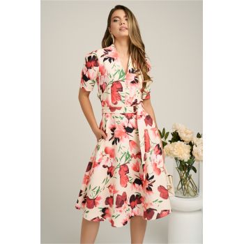 Rochie midi ivory din stofa in clos cu imprimeu floral roz si cordon in talie