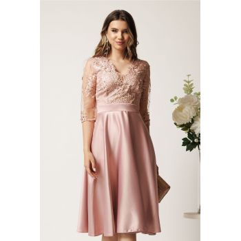 Rochie midi roz din tafta in clos cu dantela la bust - Ella Collection Inna