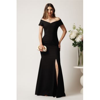 Rochie neagra lunga din stofa cu decolteu barcuta si crapatura pe picior- LaDonna