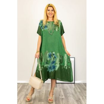Rochie oversize din in cu imprimeu abstract pe fond verde