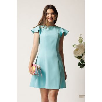Rochie scurta bleu din stofa in clos cu perlute la decolteu- Moze