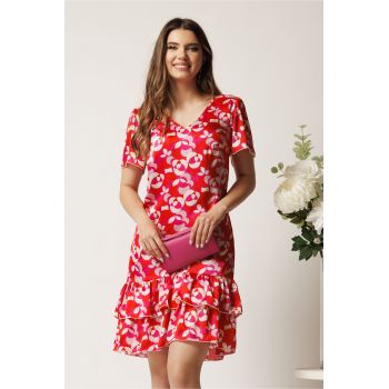 Rochie scurta fucsia din voal lejera cu print rosu si volane la baza- Moze ieftina