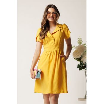 Rochie scurta galbena din tencel in clos cu nasturi la bust- Moze