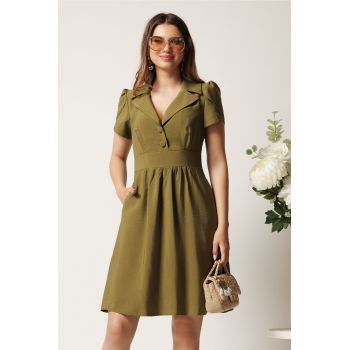 Rochie scurta kaki din tencel in clos cu nasturi la bust- Moze