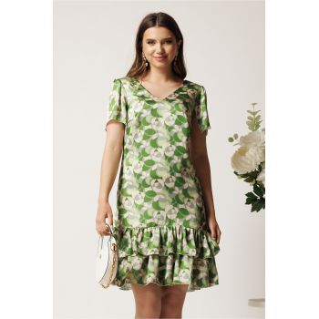 Rochie scurta verde din voal lejera cu print bej si volane la baza- Moze ieftina