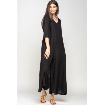 Salopeta de vara larga din in, cu maneci, neagra